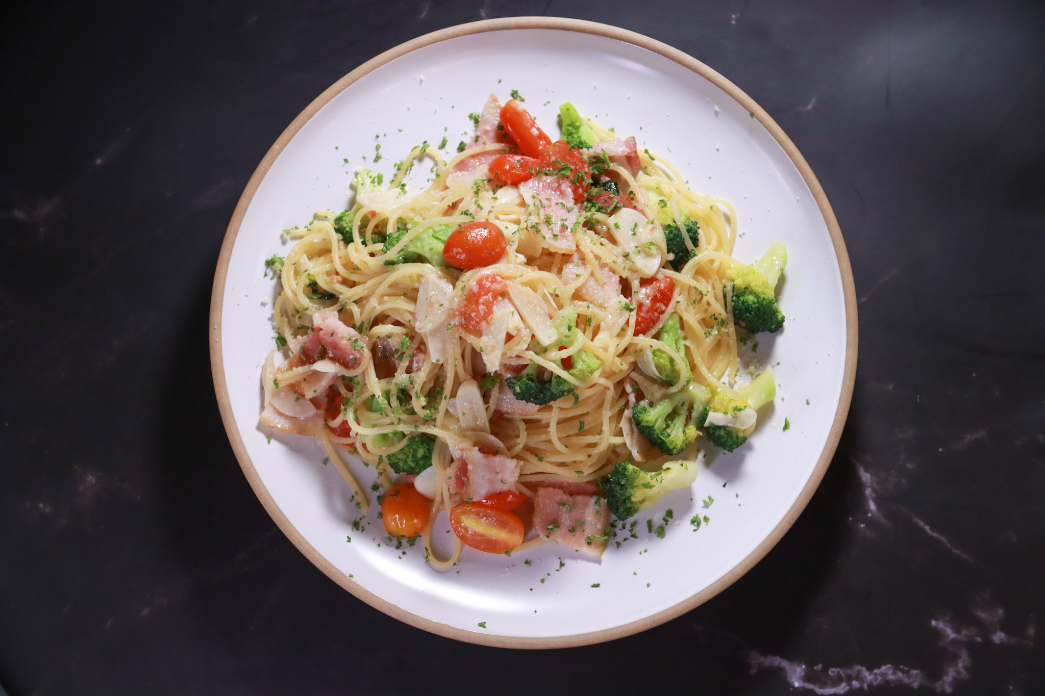 Spaghetti Aglio Olio with Bacon and Broccoli